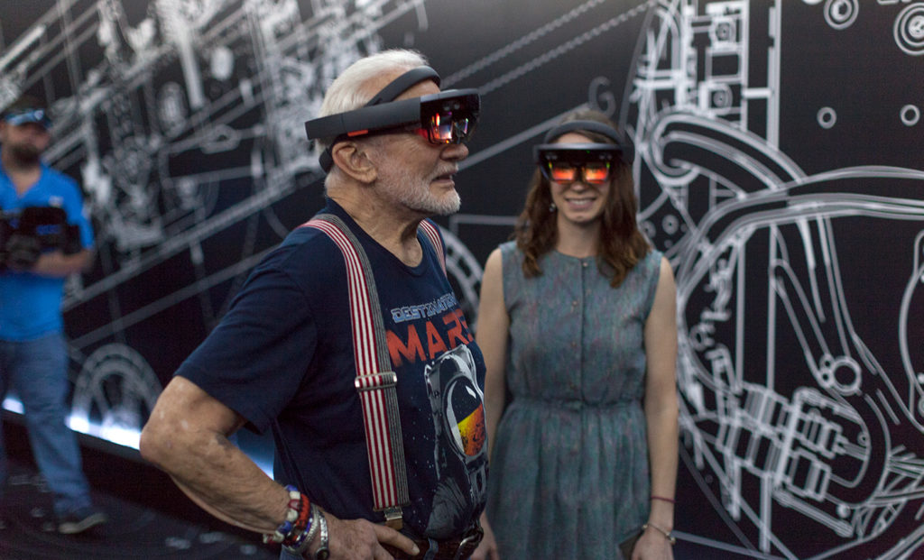 Buzz Aldrin and Erisa Hines try Microsoft Hololens